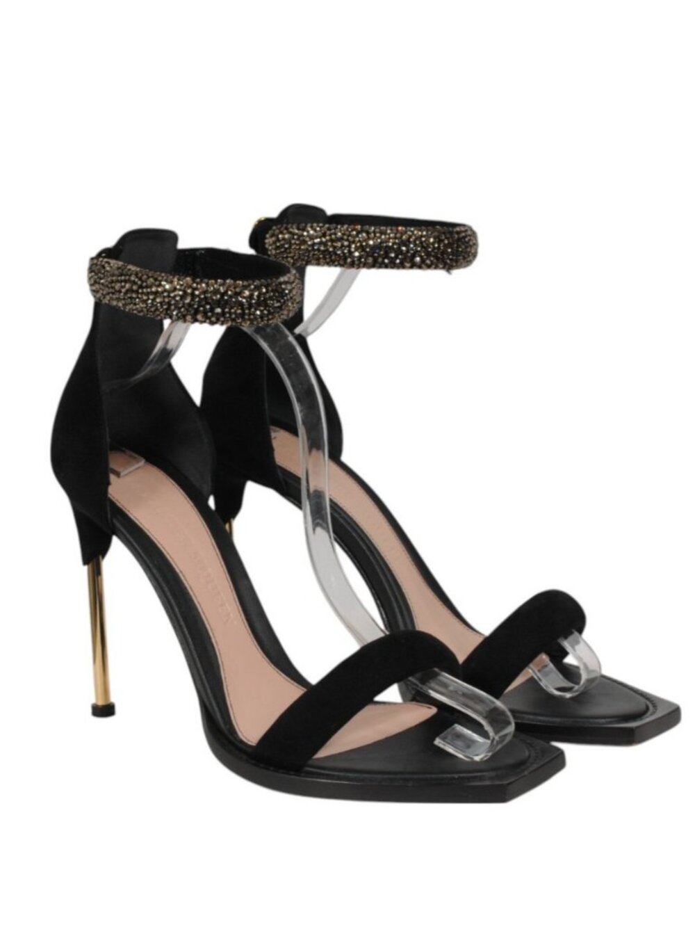 Alexander McQueen Women Pin Heel Bangle Sandals Size US 10.5 EU 40.5 Black Suede